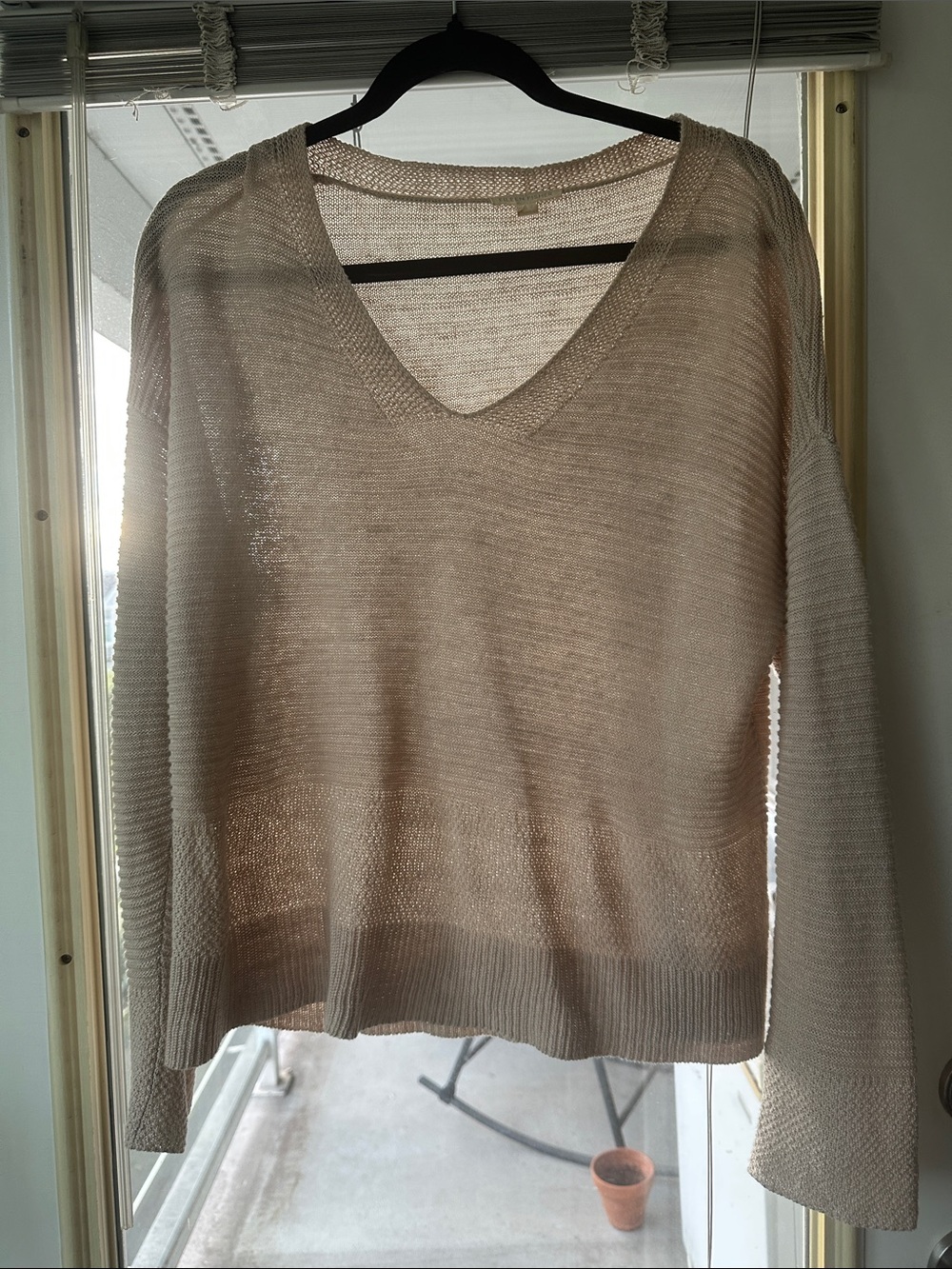 Eileen Fisher Light Cream V-Neck Sheer Knit Sweater